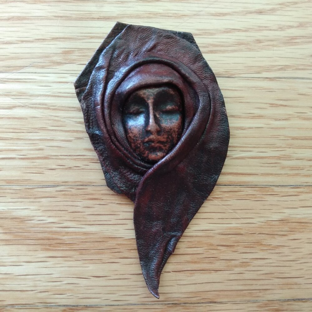 Vintage Sculpted Leather Brooch Face Head Portrait Artisan Handmade
